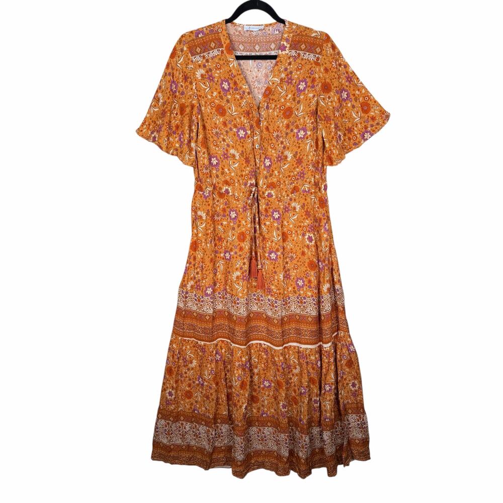 Bohemian Floral Maxi Dress Womens Small Autumn V-neck Flutter Sleeve Tiered